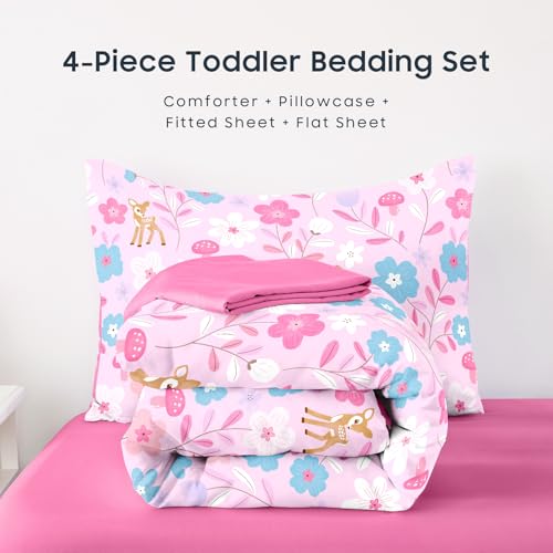Image of Wake In Cloud - Floral Toddler Bedding Set for Girls, Cute Colorful Botanical Flowers with Deers, 4 Pieces Soft Crib Bed Set Including Comforter, Sheets and Pillowcase, Pink