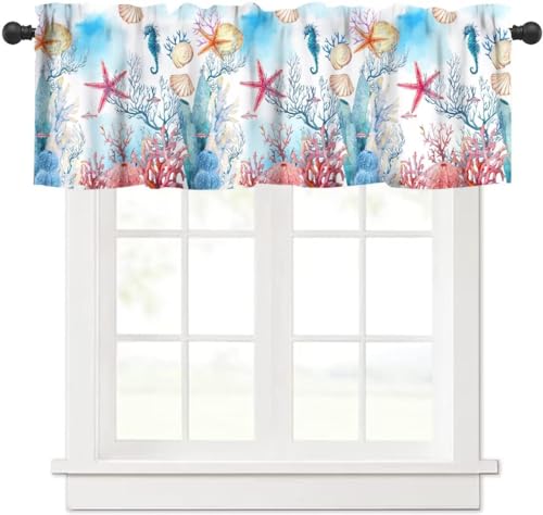 Image of Starfish Seashell Window Valance Curtain, Watercolor Coastal Animal Undersea Beach Colorful Coral Plant Window Treatment Valances for Kitchen Living Room Cafe Decor 54'x18', 1 Panel