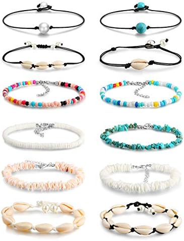 Honsny 12 PCS Beaded Anklet Bracelets for Women Girls Adjustable Colorful Gold Anklet Bracelets Handmade Boho Waterproof Beach Shell Ankle Bracelet Summer Foot Jewelry