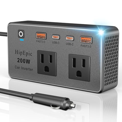 200W Multi-Port Car Power Inverter 12V DC to 110V/120V AC Small Auto Outlet Adapter-24W USB A/C&3 Plug for Laptop Portable Inverters for Vehicle Minivan SUV RV Road Trips Camping Essential(Black)