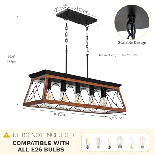 DWVO 5-Light Pendant Lights Island Fixture, Farmhouse Rustic Rectangular Chandelier for Dining Room, Kitchen, Living Room, Entryway