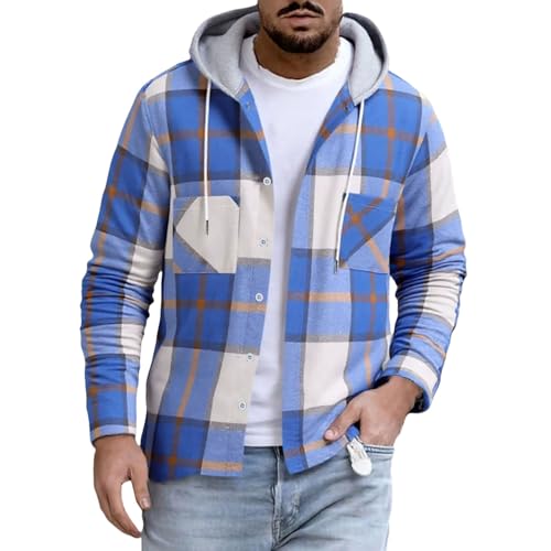 Mens Plaid Jacket Classic Print Casual Fall Tops Button Down Shirt Long Sleeve Color Block Drawstring Hood Shirts