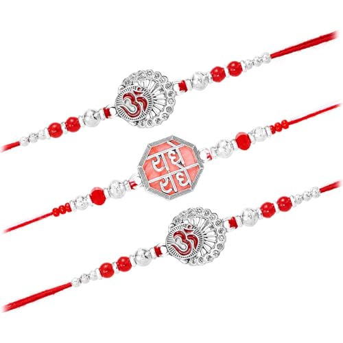 Image of Peora Rakhshabandhan Thread Rakhi for Brother Bhaiya | Crystals & Kundan Studded | Combo, Set of 3 | Rakhi Hamper with Roli Chawal & Greeting Card