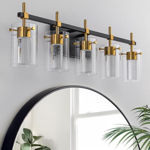 Image of 5-Light Black and Gold Vanity Light with 3 Color Modes (3000K /4000K /6000K), Eye Protection LED Bathroom Light Fixture, Dimmable Modern Wall Light Over Mirror with Clear Glass Shade