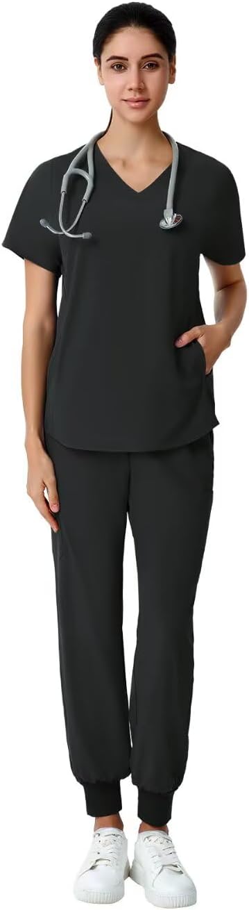 Scrubs Set for Women,Nurse Uniform Suit V-Neck Batwing Sleeve Top & Yoga Jogger Pants,Medical Uniform with 6 Pockets
