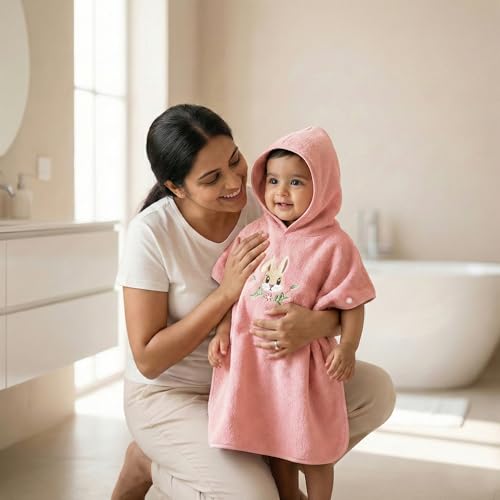 Image of Story@Home Poncho Towel for Kids with Hood | Quick Dry Kids Towel | Soft Lightweight Baby Wrap for Beach 300 GSM 120 X 60CM Pool Towel for Boys & Girls |Kids microfiber towels for bath -Peach - Rabbit