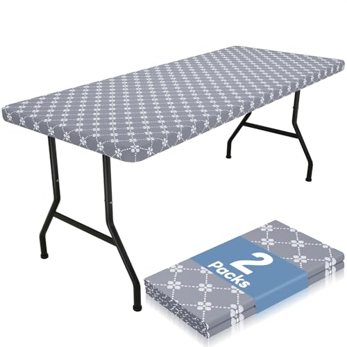 misaya 2 Pack Rectangle Vinyl Table Cloth, Elastic Fitted Tablecloth with Flannel Backing, Waterproof Plastic Table Cover Fits 6 Foot Folding Tables for Camping, Indoor and Outdoor (Grey, 30" x 72")