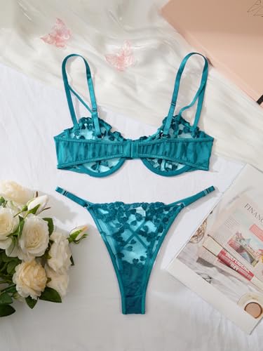 Image of Lilosy Sexy Underwire Cute Push Up Strappy Embroidered Mesh Sheer Lingerie Set See Through Panty Bra
