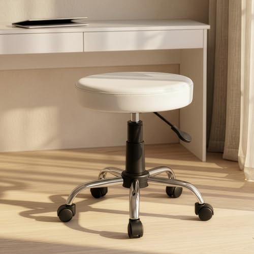 Image of DIYA Seating Nexa Round Stool (1 Year Warranty) with Adjustable Height, Wheels and Bonded Leather Upholstery, Sitting Stool for Salon, Doctor, Medical, Spa, Restaurant, Kitchen, Musicians- White