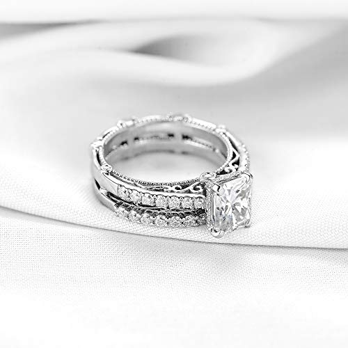 Doveggs Center 2Ct 6X8Mm G-H-I Color Radiant Cut Antique/Vintage Moissanite Engagement Wedding Ring 14K Gold Quality Silver Engagement Ring Soldered Bridal Set For Women(5.5) #TOP3