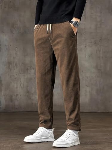 Image of BLUECORP ENTERPRISE Men's White Corduroy Casual Pants, Straight Leg, Drawstring Waist, Pockets