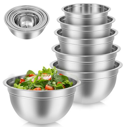 harupink Juego de 6 cuencos para mezclar, ensaladera de acero inoxidable, diseño anidado y apto para lavavajillas, cuenco para servir, cocinar, hornear, mezclar y servir (plata)