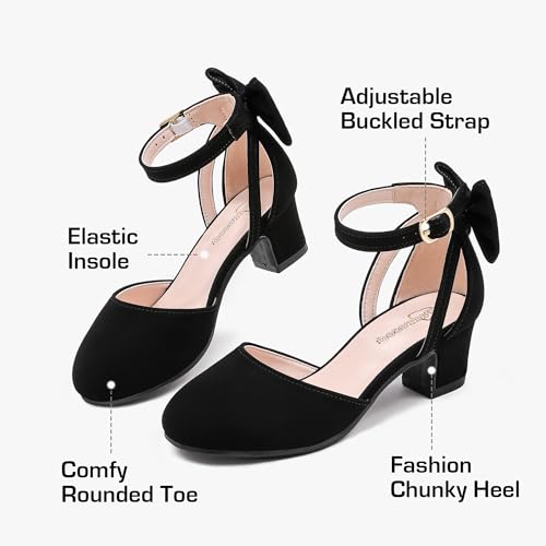 Image of Girls Heels Dress Shoes Flower Girl Pumps with Cute Bow Closed Toe | Princess Shoes,High Heels,Chunky Heel,Adjustable Buckles,Toddler,Little Girl,Big Kid,Wedding,Birthday Party,Formal,Pageant