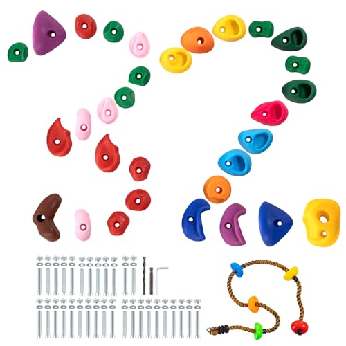 VEVOR 32 Presas de Escalada en Rocas Presas de Escalada de Varios Tamaños y Colores Presas de Pared de Roca con Cuerda de Escalada y Herrajes de Montaje, Agarres, Juego para Interior y Exterior