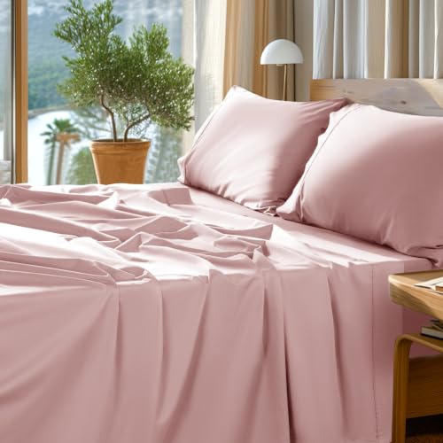 Image of SONORO KATE 1000 Series 100% Egyptian Cotton King Sheet Set,4 Pieces | Soft,Breathable Long Staple,Sateen Weave,Luxury 5-Star Hotel Bed Sheets,16 inch Deep Pocket,Pink