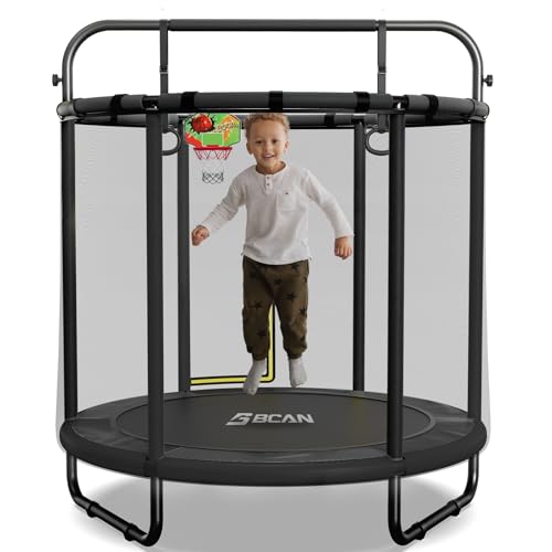 BCAN 55" Trampoline for Kids with Thickened Enclosure Net, Toddler Trampoline Indoor/Outdoor with Adjustable Gymnastics Bars & Basketball Hoop,Gifts f