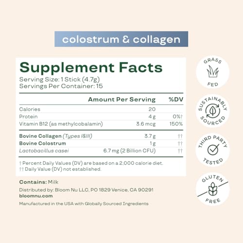 Image of Bloom Nutrition Bovine Colostrum Powder Packet, Gut Health, Immune Support, Hair Growth & Beauty Supplement, Gluten Free, Sugar Free | Unflavored, 15 Servings (Pack of 2)