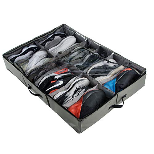 ACMETOP Extra-Large Under Bed Shoe Storage Organizer, Sturdy Built-in Structure & Durable Linen, Underbed Storage Solution Fits Men's Size 13 Sneaker and Women's 6'' High-Heels (Olive Green)