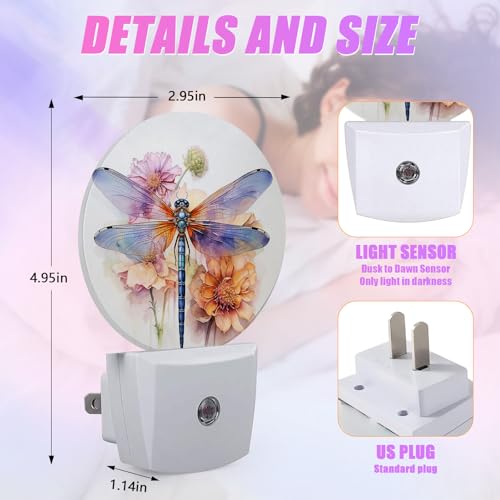 Image of Dragonfly Night Light Watercolor Floral Night Lights LED Lamp Round Plug into Wall Nightlight with Dusk to Dawn Sensor Home Hallway Stairway Kitchen Decor