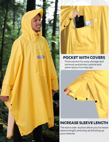 ANYOO Leichter Wasserdichter Regenponcho Regenjacken mit Ärmeln Belüftet Mehrzweck Regenmantel Unisex mit Kapuze Ideal für im Freien Camping Wandern Angeln, Dunkelgelb, Einheitsgröße