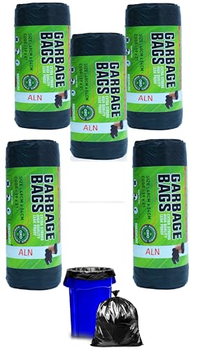 Image of ALN Premium Garbage Bags for dustbin with detachable drawstrings Medium Size 150 Count|19 x 21 inches Black, For Dry & Wet waste |30 bags /roll (Pack of 5)