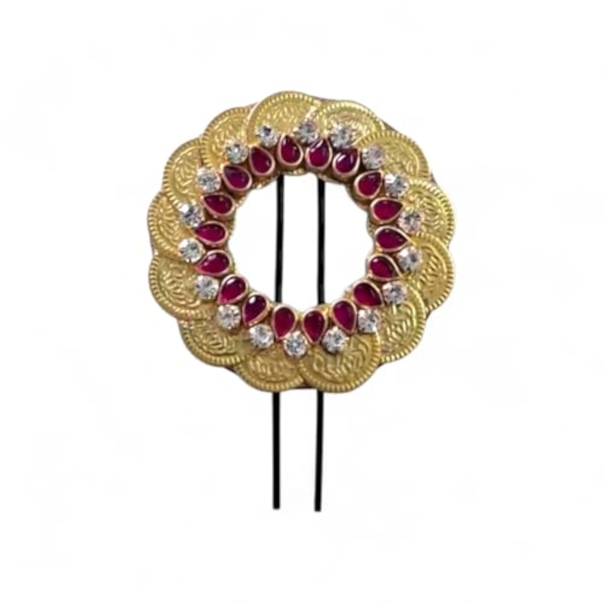 Traditional Round Hair Pin with Ruby Red and White Stones