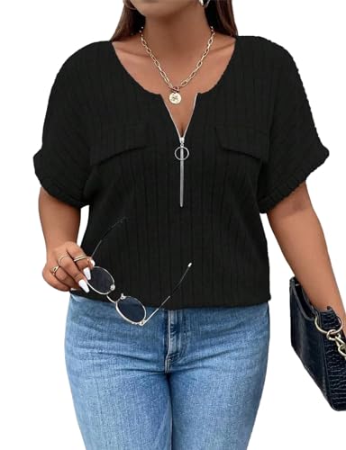 Gemulate V-Ausschnitt Damen Große Größen T-Shirt Halbarm Shirt mit Reißverschluss Sommer Lose Basic Oberteil Oversize Kurzarm Tee Tops Schwarz XXL