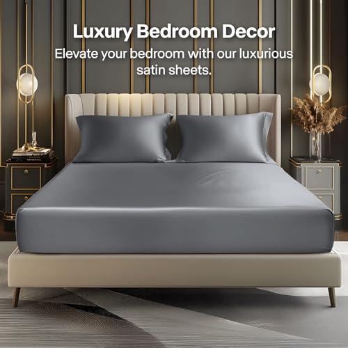 BEDELITE Satin Fitted Sheet and Pillowcases Set, Luxury Soft Similar to Silk Bottom Bed Sheet with Elastic Corner Straps, Deep Pocket up to 15 Inch, 1 Fitted Sheet and 2 Pillowcases(Full, Dark Grey)