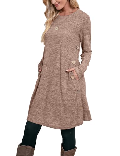 OFEEFAN Long Sleeve Dress for Women Crew Neck Tunic Dress with Pockets Buttons Side