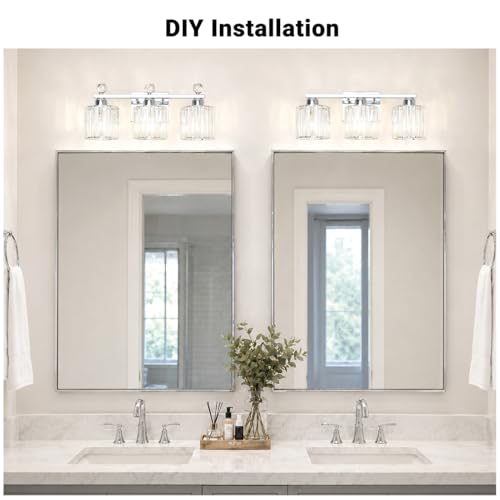 Image of Lxybcce Modern Crystal Bathroom Vanity Light, 3-Lights Bathroom Light Fixtures, 19.34In Chrome Vanity Light Fixtures Over Mirror, Easy Installation & Dimmable Lighting
