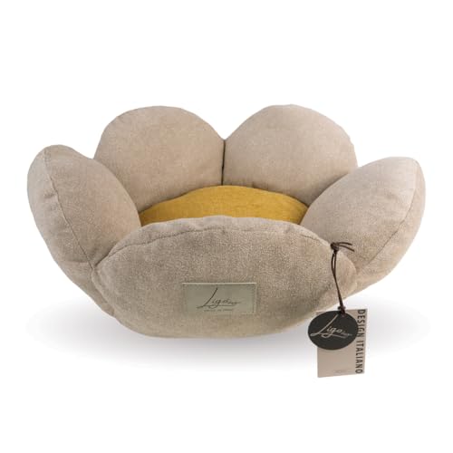 Ligo Fiore - Cuccia per gatti e cani di piccola taglia sfoderabile e lavabile. Cuscino materasso per cani in tessuto. REALIZZATA A MANO IN ITALIA (XS: Ø 60CMx 19 H, GIALLO/BEIGE)