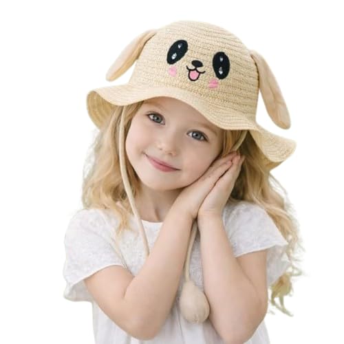 Image of FabSeasons Kids Cute Straw Sun Hat with Moving Ears (Ages 4-8 Years) | UV Protection, Wide Brim, Foldable, Beach Bucket Cap | Girls & Boys Breathable Summer Sun Hat with Inner Adjustable String