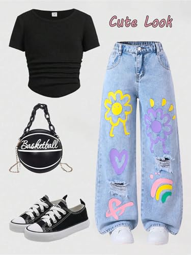 Girls Jeans Baggy Wide Leg Ripped Denim Pants Heart & Flower Print High Elastic Waisted Y2K Skater Outfits 8-12Y3