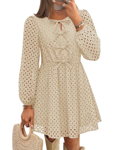 ZESICA Women's Long Sleeve Mini Dress 2025 Fall Crewneck Tie Front Hollow Out Eyelet Babydoll A Line Short Dresses