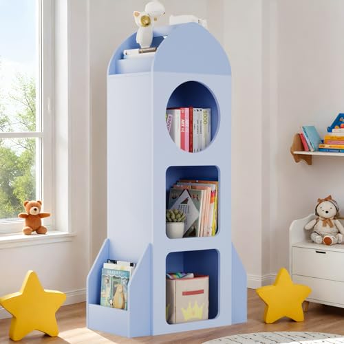 Arlopu Kids Bookshelf and Toy Storage, 3-Tier Rocket Baby Cabinet with Side Shelves, Wood Open Toddler Bookcase, Spacious Display Organizer for Children Playroom, Bedroom, Nursery, School