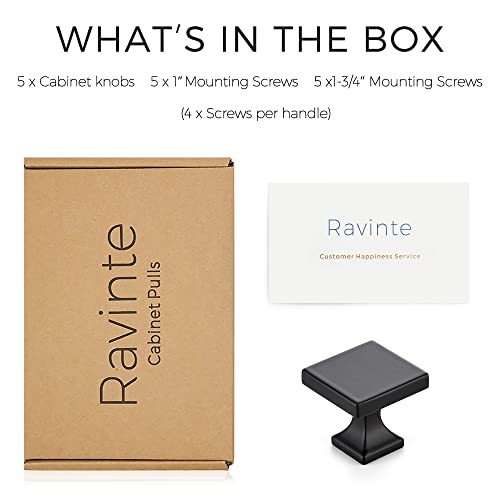 Image of Ravinte Cabinet Knobs Black Square Knobs, Kitchen Drawer Knobs, 5 Pack | Single Hole, Solid Metal, Easy Install, Screws Included, Rust-Resistant, For Cabinets, Drawers, Dressers