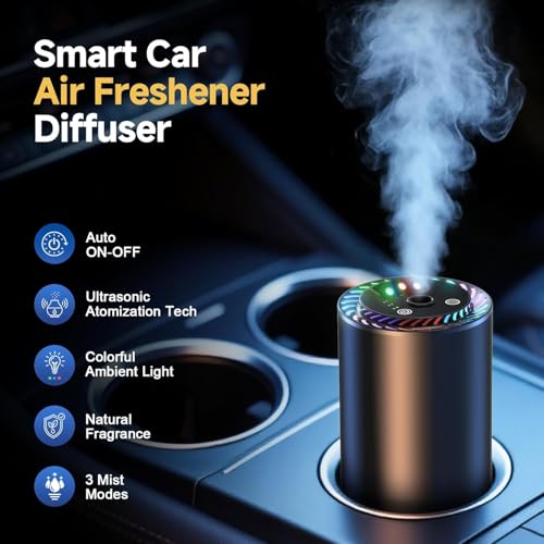 Image of Smart Car Air Freshener with Star Light & 150ml Diffusers Oil Refills, Auto On /Off Aroma Diffuser, 3 Adjustable Modes Rechargeable Aromatizante para Carro - Car Diffuser（Mahogany Teakwood*3）