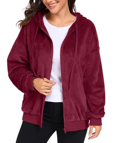 PrinStory Women's Zip Up Hoodies Uk Winter Hooded Sweatshirts Full Zipper Flannel Hoodie Plush Jackets With Drawstring (Wine Red, XL)