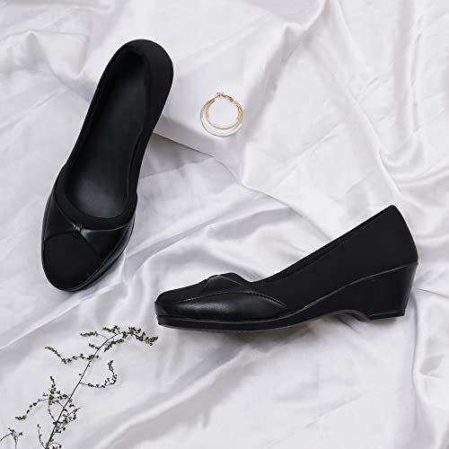 Image of XE Looks Women's Black Slip-On Wedge Bellies - Lightweight, Stylish Shoes with Soft Fabric Upper and Comfortable Cushioning Bellies for Girls & Women