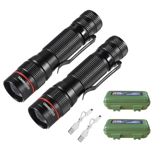 GUODSKHOO Lot de 2 Lampes de Poche LED Rechargeable Tactiques Lampe Torches Ultra Puissante par USB Avec Résistante à L'eau 3 Modes Flashlight pour Camping, Randonnée, Pêche