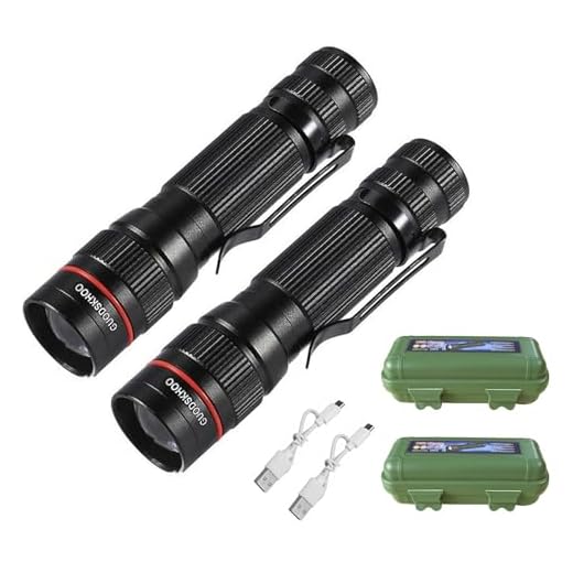 GUODSKHOO Lot de 2 Lampes de Poche LED Rechargeable Tactiques Lampe Torches Ultra Puissante par USB Avec Résistante à L'eau 3 Modes Flashlight pour Camping, Randonnée, Pêche