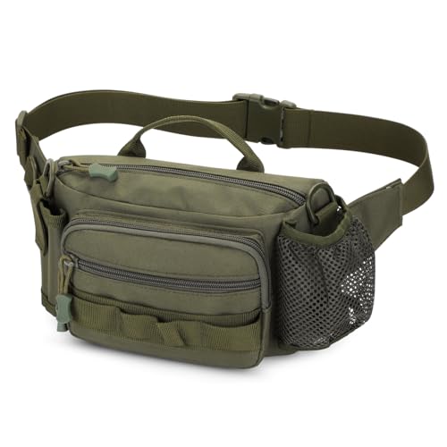 Huntvp Tactical Waist Bag Bumbag with Bottle Holder, Waist Fanny Pack Belt Crossbody Chest Bum Bags for Men and Ladies Hiking, Camping, Cycling, Running, Dog Walking (Green)