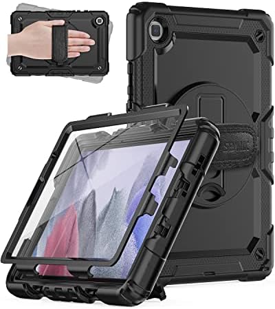 SEYMAC Samsung Galaxy Tab A7 Lite Case 8.7" (SM-T220/ T225/ T227), Heavy Duty Full-Body Shockproof Protective Case with Screen Protector, Rotating Stand, Hand/Shoulder Strap for Tab A7 Lite, Black