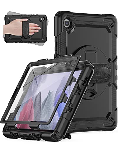 Seymac Samsung Galaxy Tab A7 Lite Case 8.7" (Sm-T220/ T225/ T227), Heavy Duty Full-Body Shockproof Protective Case With Screen Protector, Rotating Stand, Hand/Shoulder Strap For Tab A7 Lite, Black #TOP6