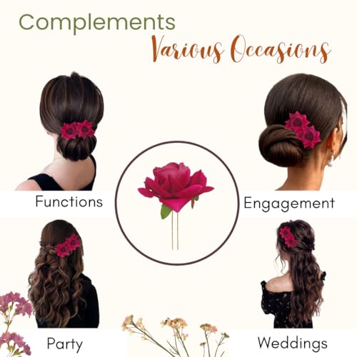 Image of Hair Flare Artificial Plastic & Metal Rose Flower with An Abundance of Petals Design Hairpin /Hair Clip /Judabun | Bridal Hair Accessories, Wedding, Festival for Women & Girls - 2700, Set of 2