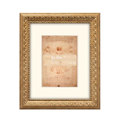 WYNCO 8x10 in Distressed Gold Ornate Classic Picture Frame, Matted for 5x7 Photos, Real Glass Protection, Tabletop or Wall Mounting Display