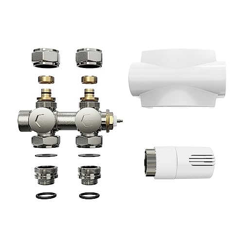 Heilmetz Multiblock Set für Heizkörper Anschlussarmatur mit Thermostat 50mm Ventil-Armaturen Heizungszubehör Eck- und Durchgangsform Wandanschluß Anschlußgarnitur (16mm, 1 Stück, Weiß | Typ 2)