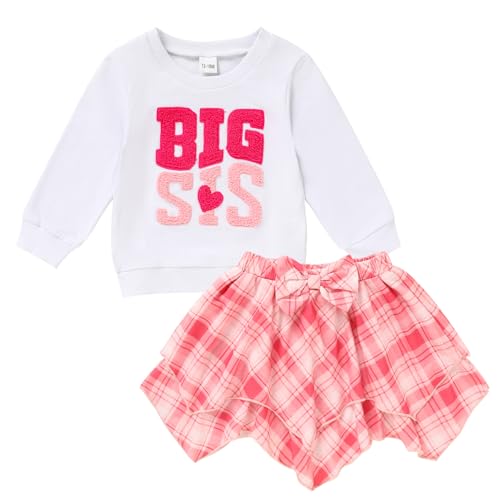 Image of GRNSHTS Baby Girl's Two Piece Outfit Long Sleeve Crew Neck Big Sis T Shirt with Plaid Denim Print A Line Mini Floral Skirt 1-5 Years