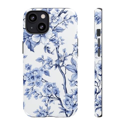 Coque rigide floral bleu vintage pour iPhone 13 protection brillante