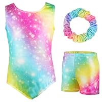 AOOWU Mädchen Dreiteilige Gymnastikanzüge, Glitzernde Gymnastikanzug, Ärmelloser Gymnastik Set mit Shorts und Haarband, Balletteinheitstrikots- Gymnastik Outfit Sternenlicht-Regenbogen für 3-12 Jahre